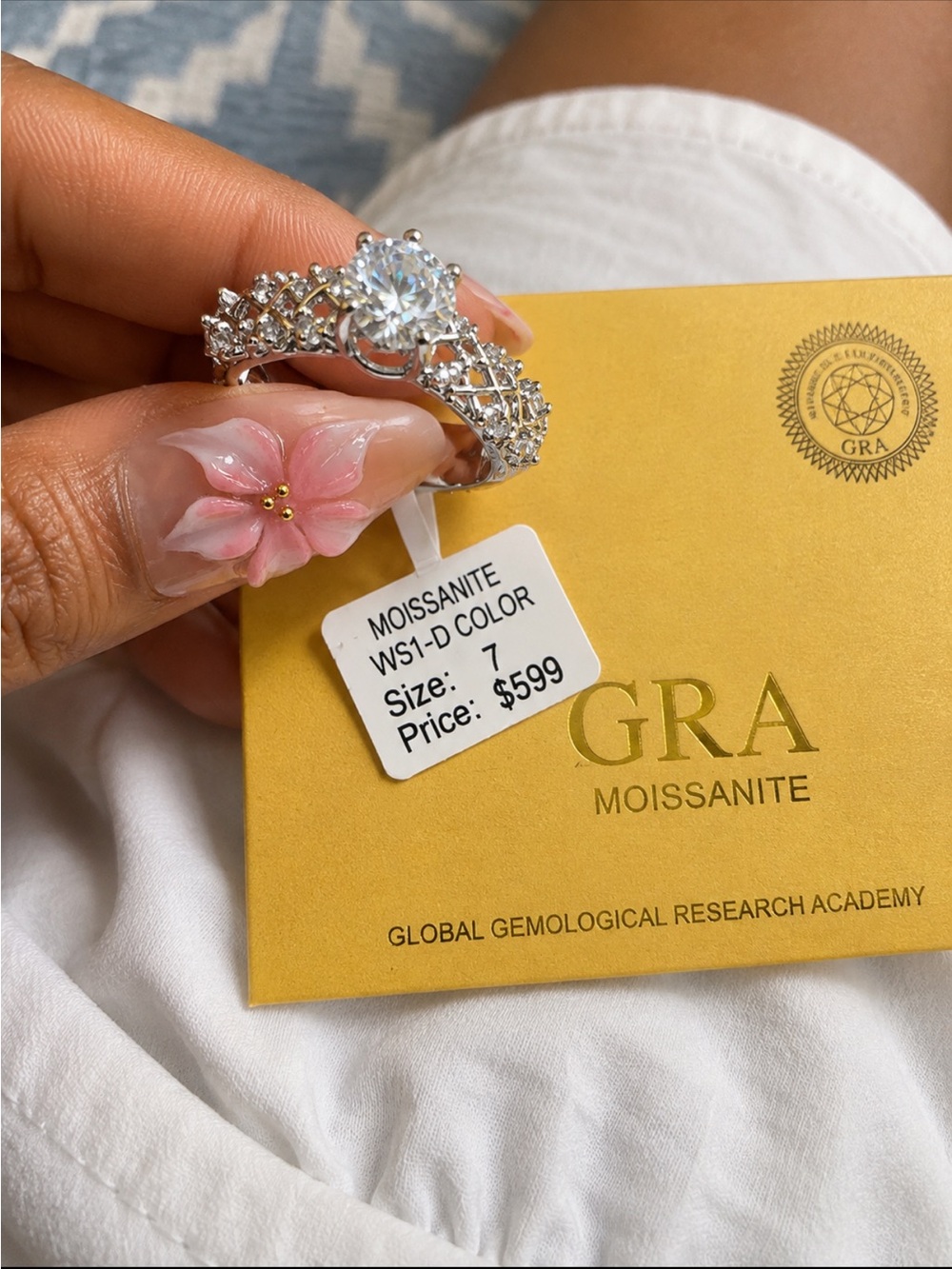 GRA White Moissanite Halo Engagement Ring in Silver-Tone